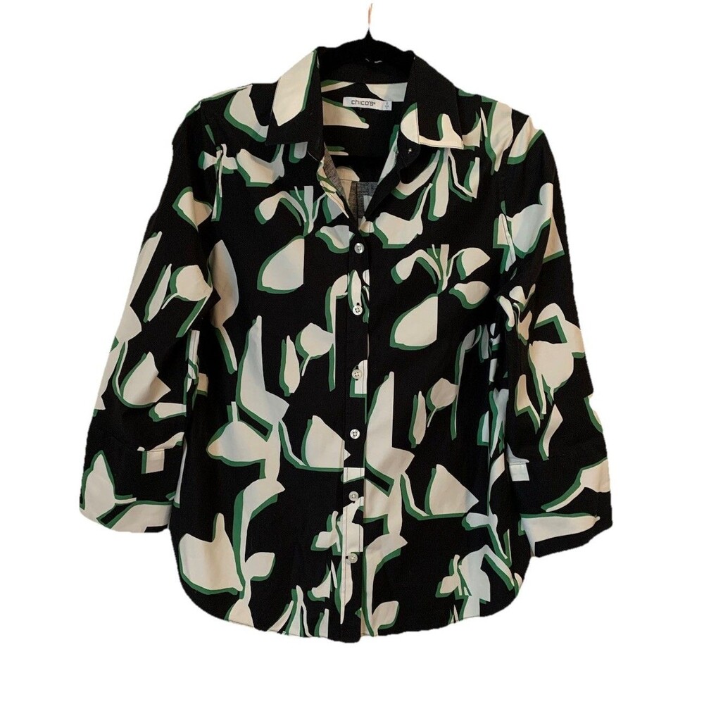 Chicos Size 0 Womens Small Top Button Front Black White Green Abstract Stretch